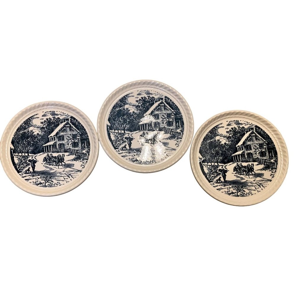 Collectible CURRIER & iVES Set of 3 Plates 8" Dia Blue White Transferware  EUC